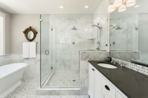bathroom with white tile floors
