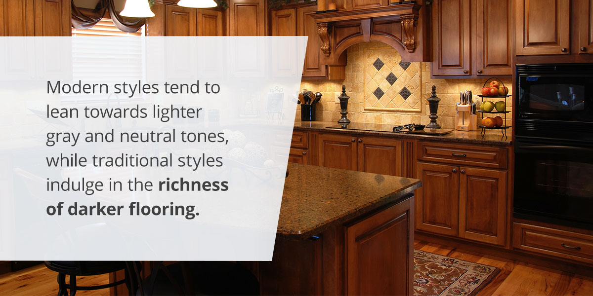 modern kitchen with dark flooring