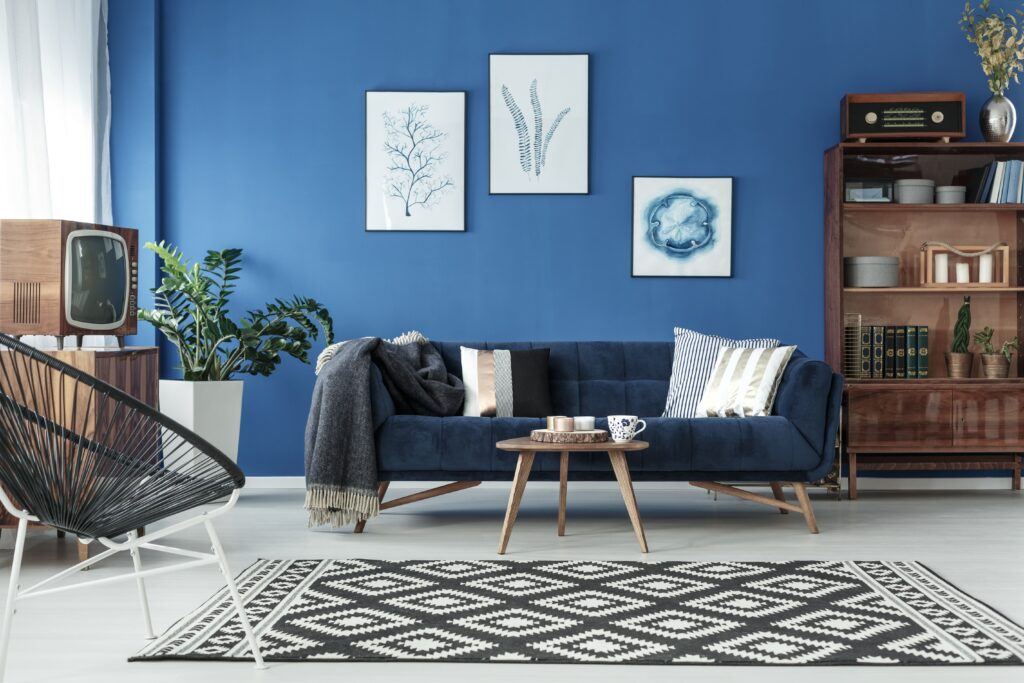living room with blue wall