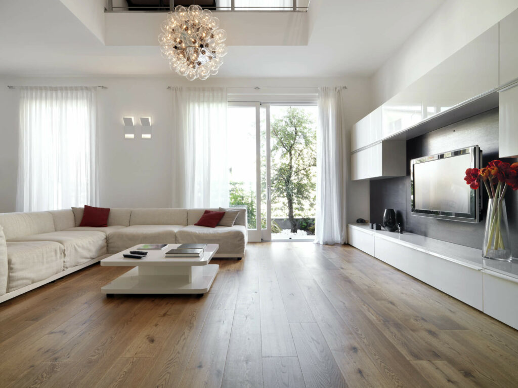 modern living with wood floor