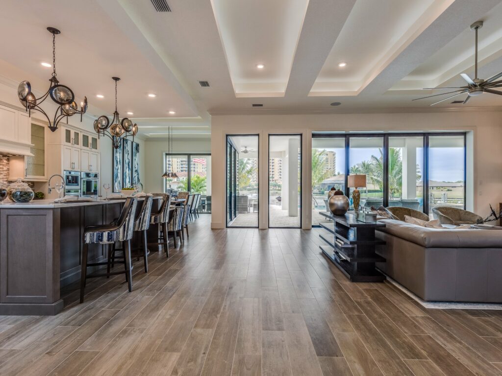 kitchen with distressed wood floors