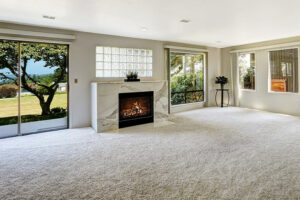 carpet in living room surrounding fireplace