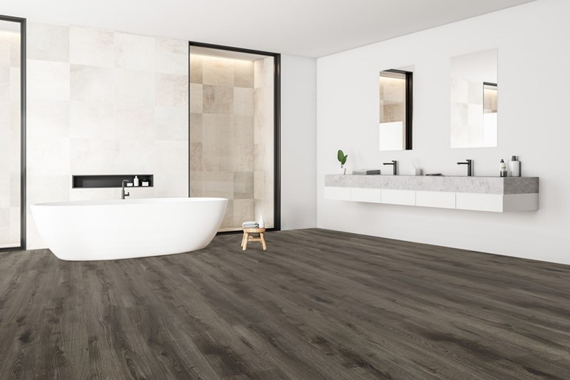 Haven: Stormy Gray Waterproof Luxury Vinyl Floor in Bathroom