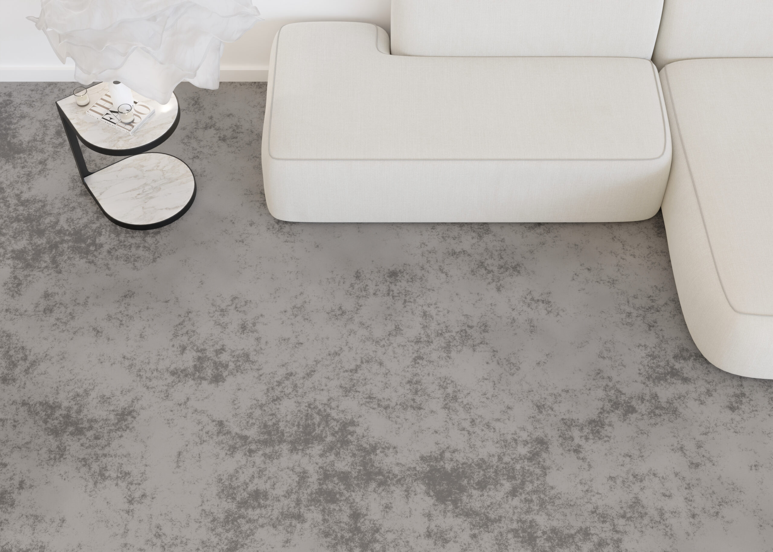 Interior mock up for carpet. Room interior in contemporary style. Top view. Free, copy space on the floor for your carpet or rug design. Modern template. 3D rendering.