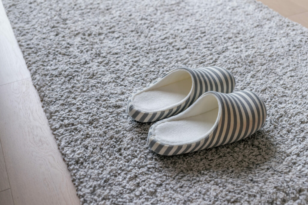 Slipper on Grey carpet on floor at home
